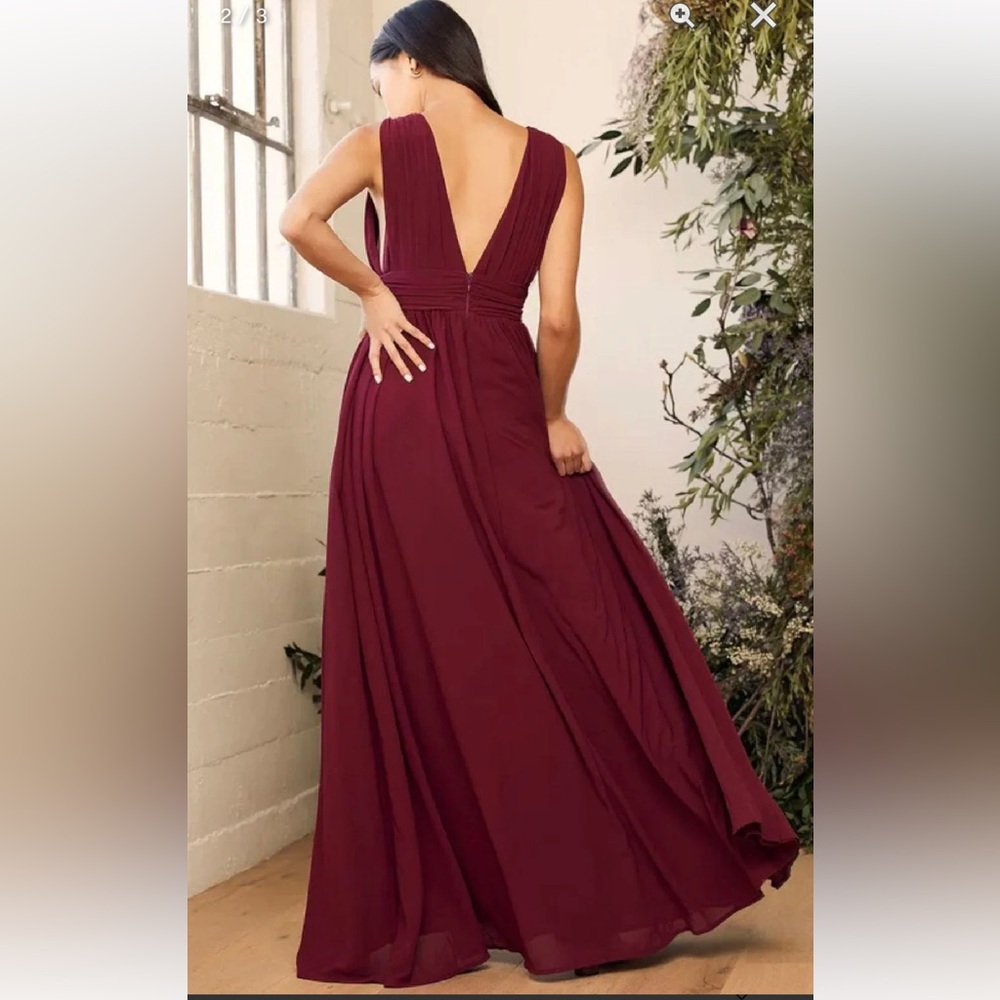 LULUS NWT Heavenly Hues Burgundy Evening/Bridesmaid V-Neck Goddess Maxi Dress M - Picture 3 of 16